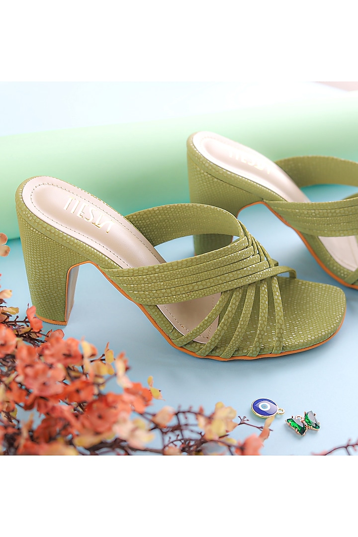 Green Faux Leather Block Heels by TIESTA at Pernia's Pop Up Shop
