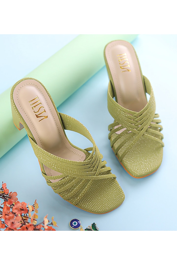 Green Faux Leather Block Heels by TIESTA at Pernia's Pop Up Shop