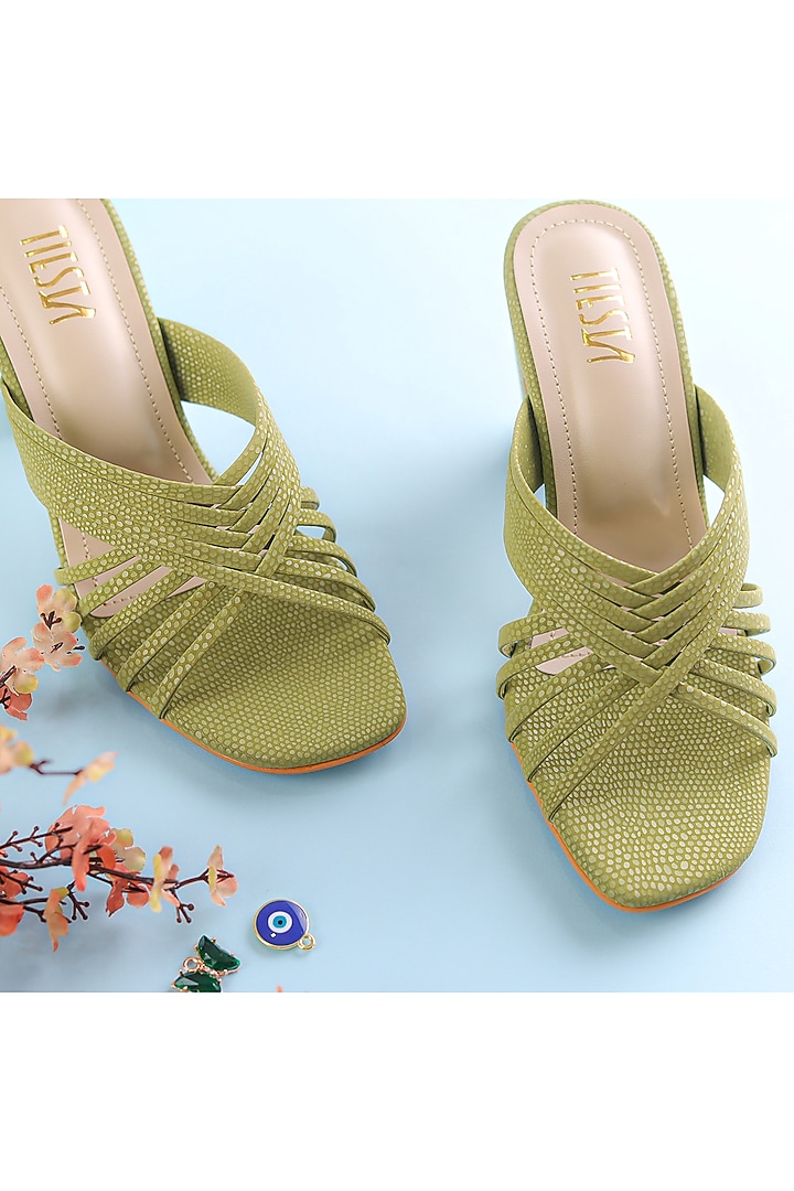 Green Faux Leather Block Heels by TIESTA at Pernia's Pop Up Shop