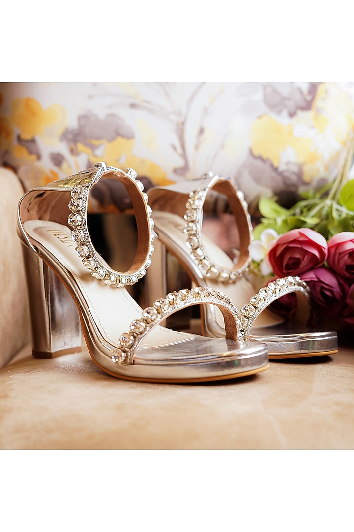 Silver Faux Leather Block Heels by TIESTA at Pernia's Pop Up Shop