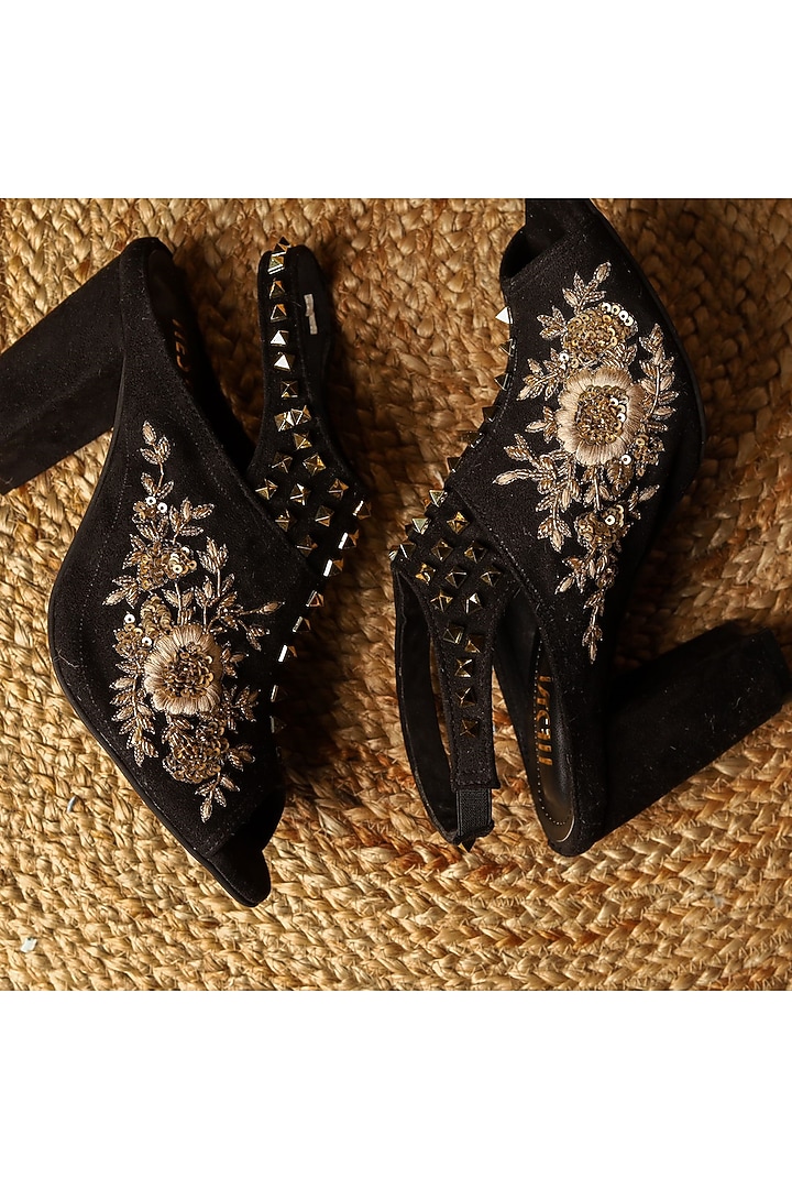 Black Suede Hand Embroidered Block Heels by TIESTA at Pernia's Pop Up Shop