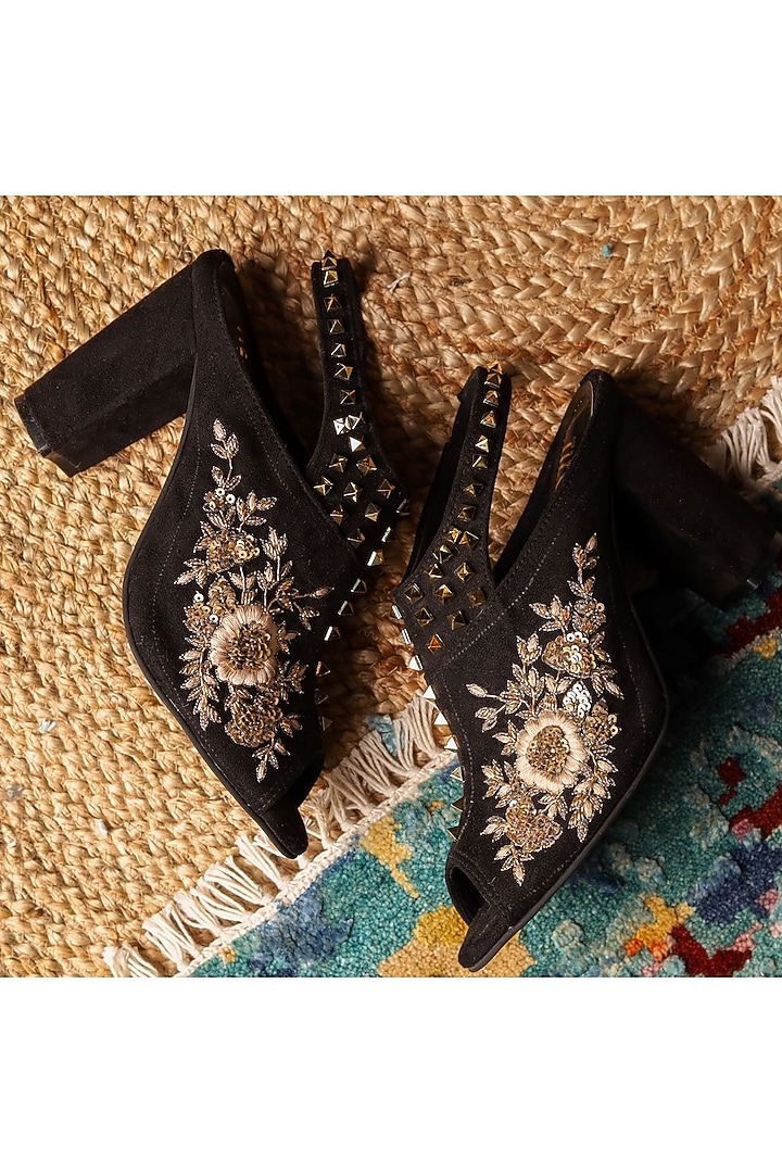 Black Suede Hand Embroidered Block Heels by TIESTA at Pernia's Pop Up Shop