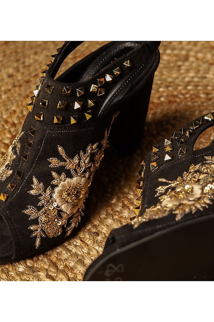 Black Suede Hand Embroidered Block Heels by TIESTA at Pernia's Pop Up Shop