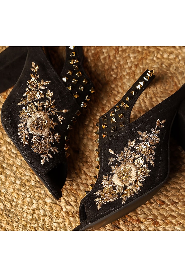 Black Suede Hand Embroidered Block Heels by TIESTA at Pernia's Pop Up Shop