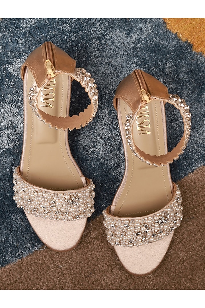 Gold Satin Embellished Block Heels by TIESTA at Pernia's Pop Up Shop