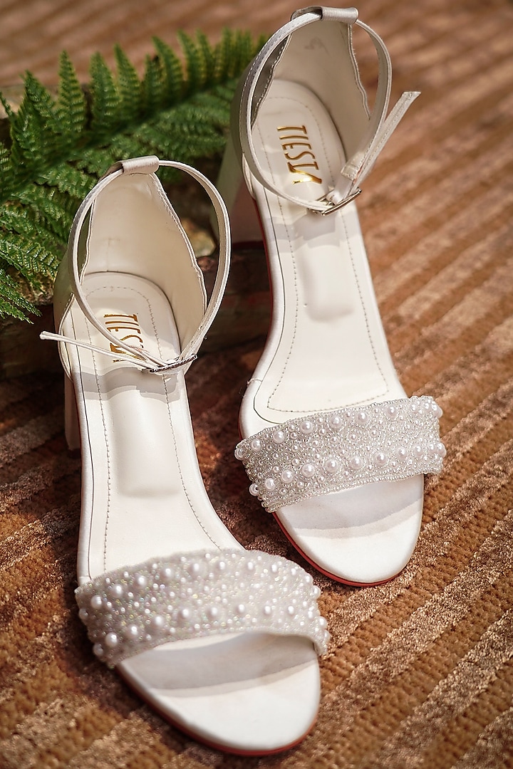 White Faux Leather Hand Embroidered Block Heels by TIESTA at Pernia's Pop Up Shop