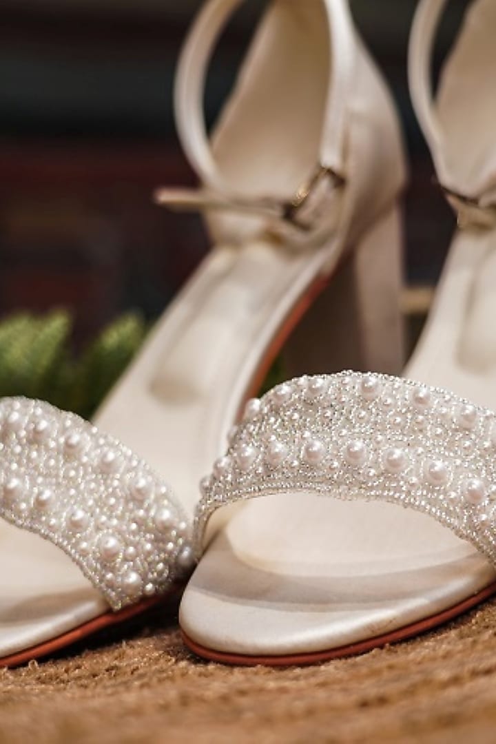 White Faux Leather Hand Embroidered Block Heels by TIESTA at Pernia's Pop Up Shop