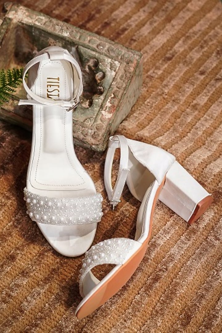 White Faux Leather Hand Embroidered Block Heels by TIESTA at Pernia's Pop Up Shop