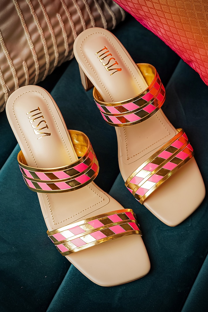 Pink Faux Leather Block Heels by TIESTA at Pernia's Pop Up Shop