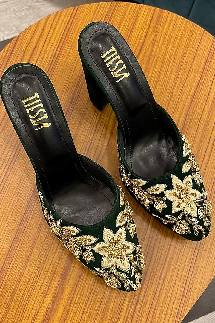 Green Velvet Hand Embroidered Heels by TIESTA at Pernia's Pop Up Shop