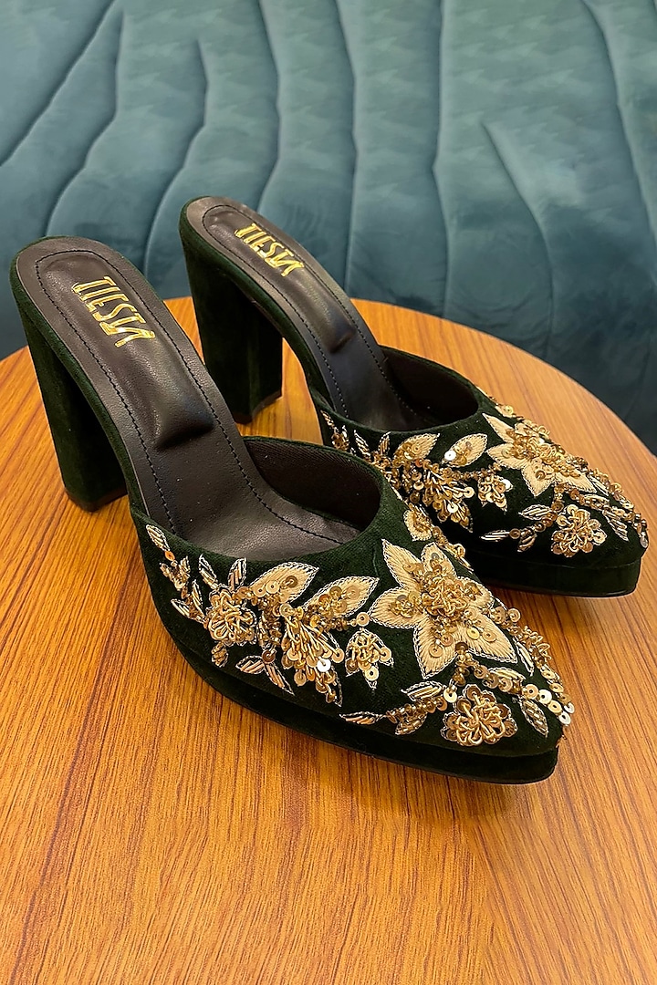 Green Velvet Hand Embroidered Heels by TIESTA at Pernia's Pop Up Shop