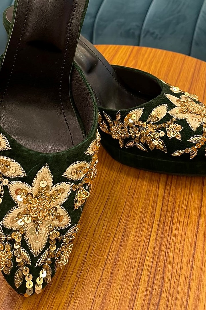 Green Velvet Hand Embroidered Heels by TIESTA at Pernia's Pop Up Shop