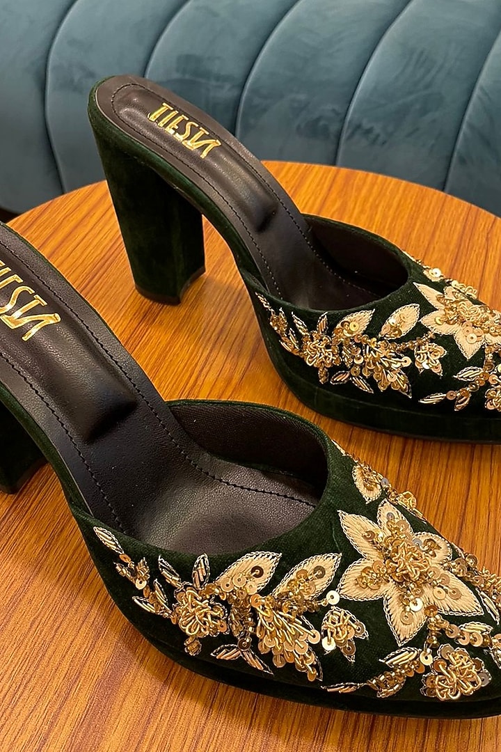 Green Velvet Hand Embroidered Heels by TIESTA at Pernia's Pop Up Shop