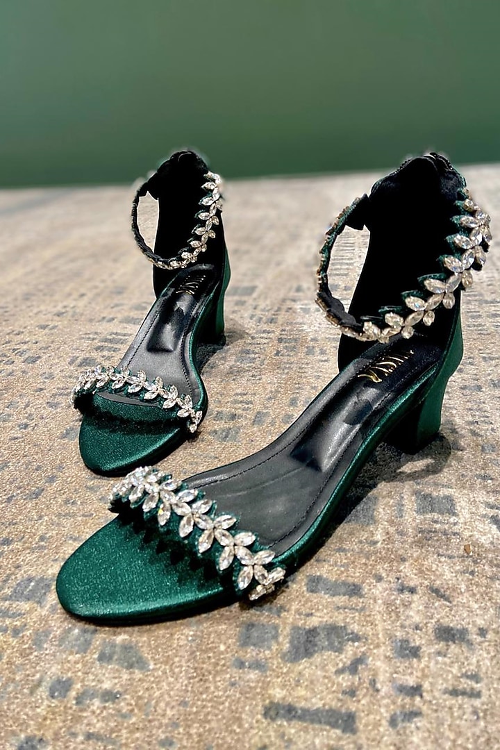 Green Faux Leather Block Heels by TIESTA at Pernia's Pop Up Shop