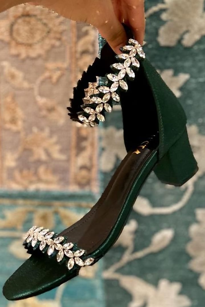 Green Faux Leather Block Heels by TIESTA at Pernia's Pop Up Shop