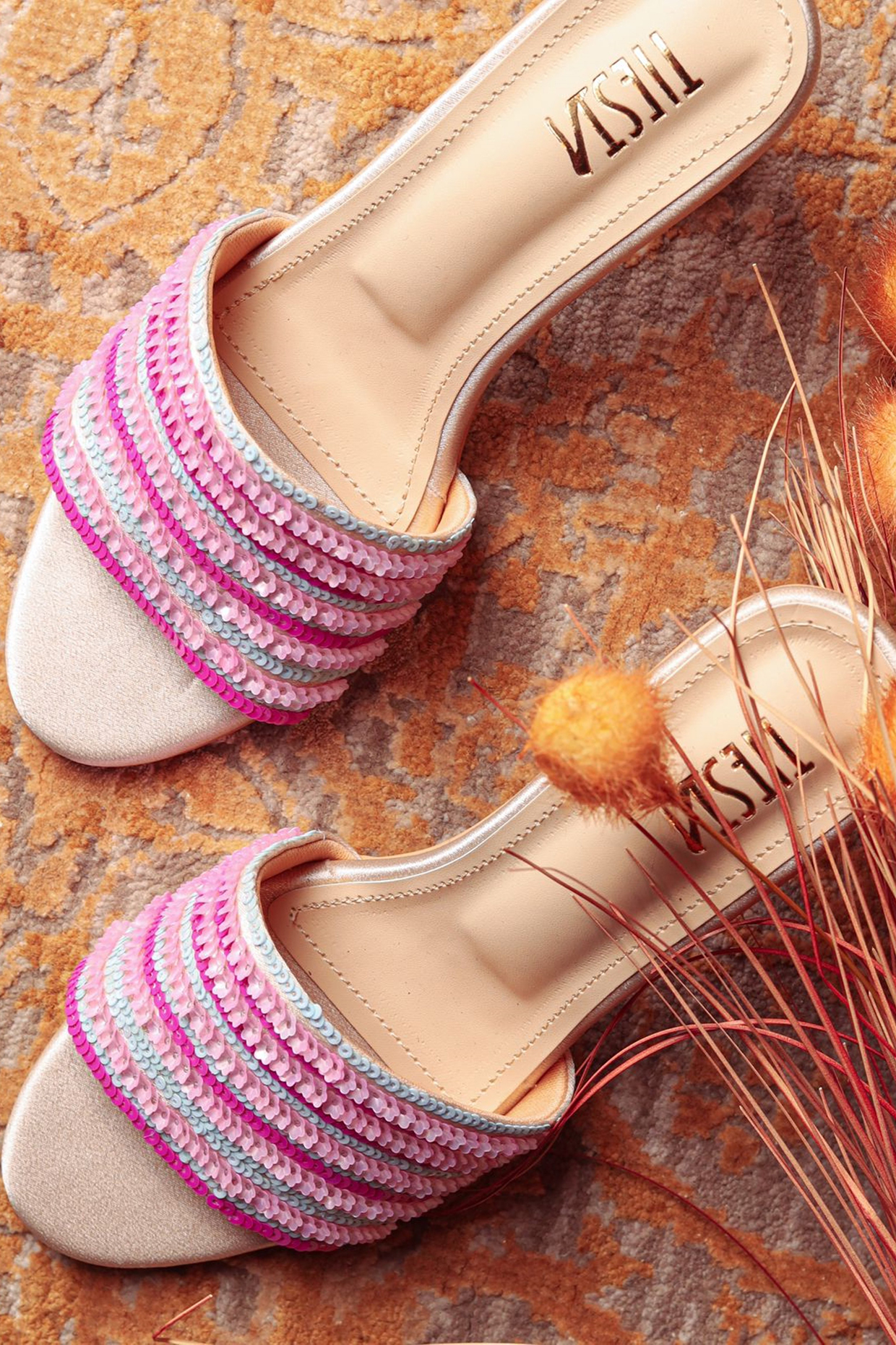 Pink Satin Sequins Block Heels by TIESTA at Pernia's Pop Up Shop