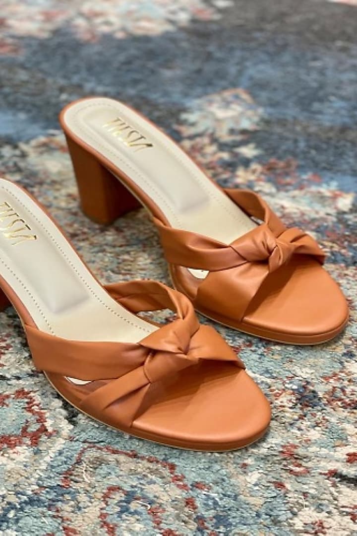 Brown Faux Leather Block Heels by TIESTA at Pernia's Pop Up Shop