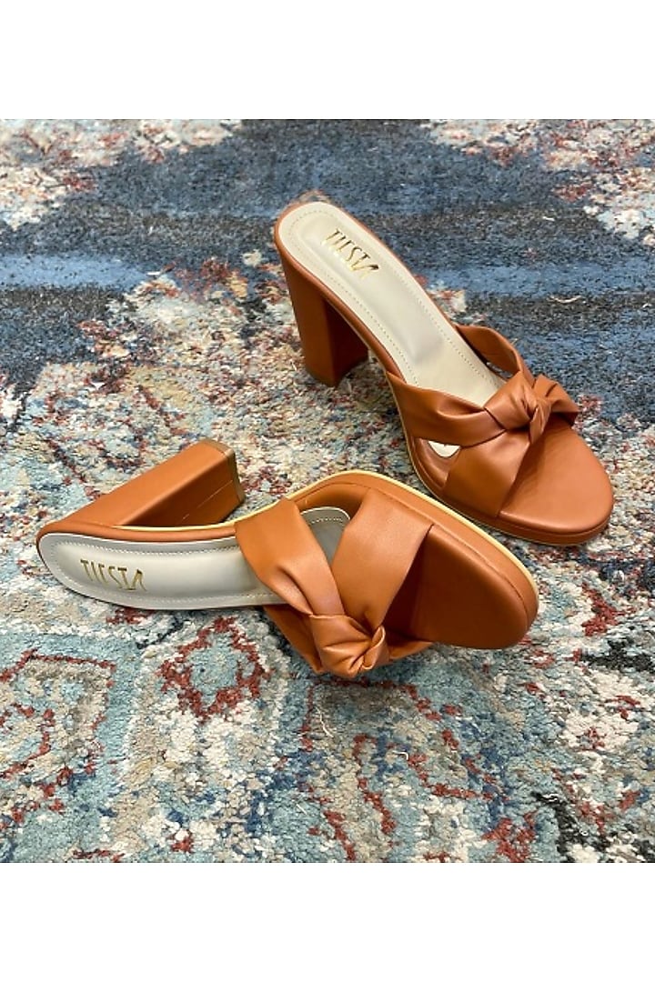 Brown Faux Leather Block Heels by TIESTA at Pernia's Pop Up Shop