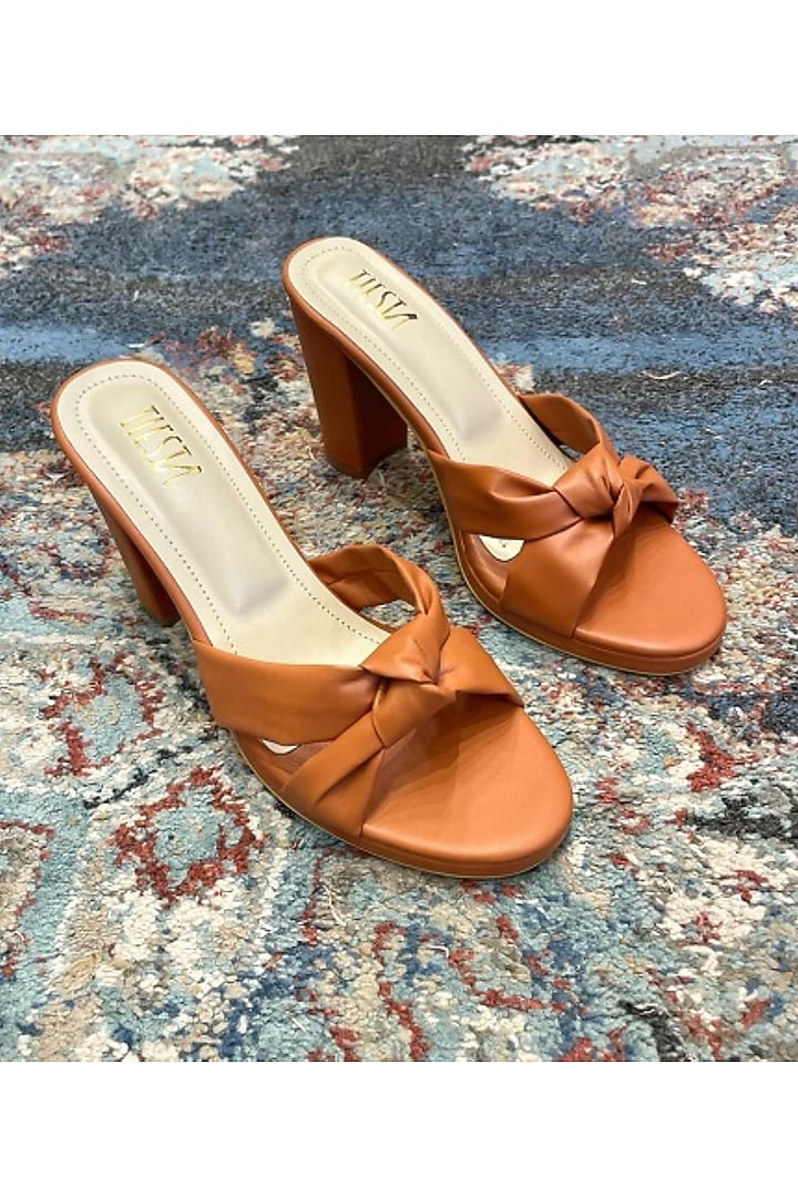 Brown Faux Leather Block Heels by TIESTA at Pernia's Pop Up Shop