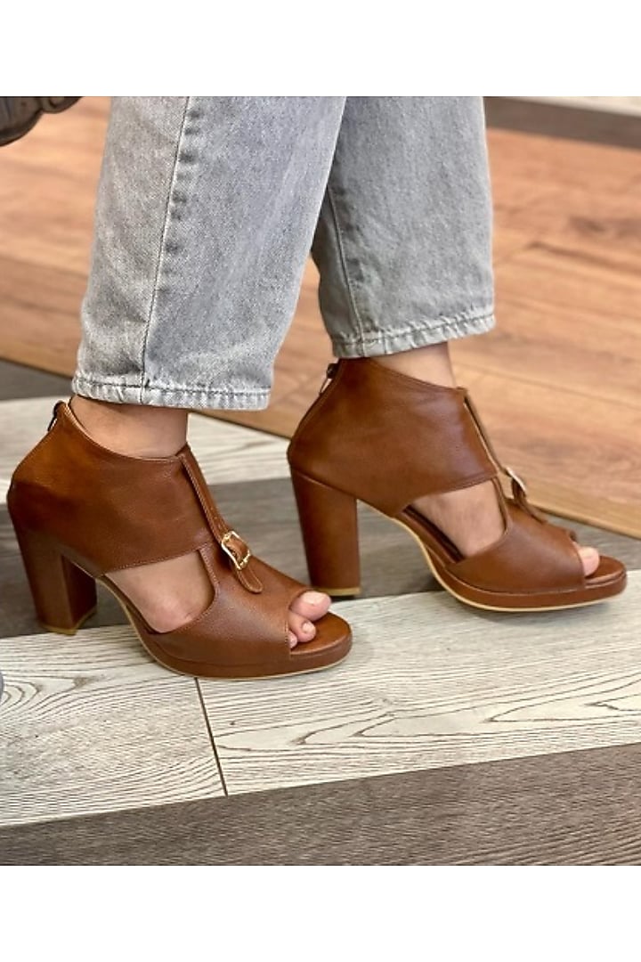 Brown Vegan Leather Block Heels by TIESTA at Pernia's Pop Up Shop