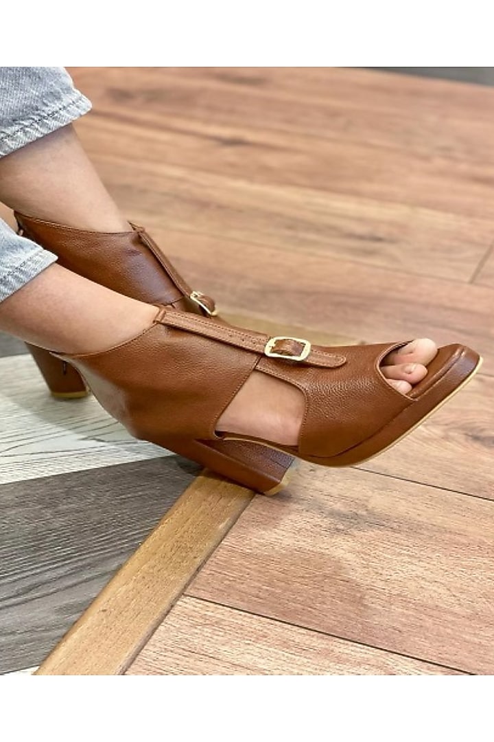 Brown Vegan Leather Block Heels by TIESTA at Pernia's Pop Up Shop