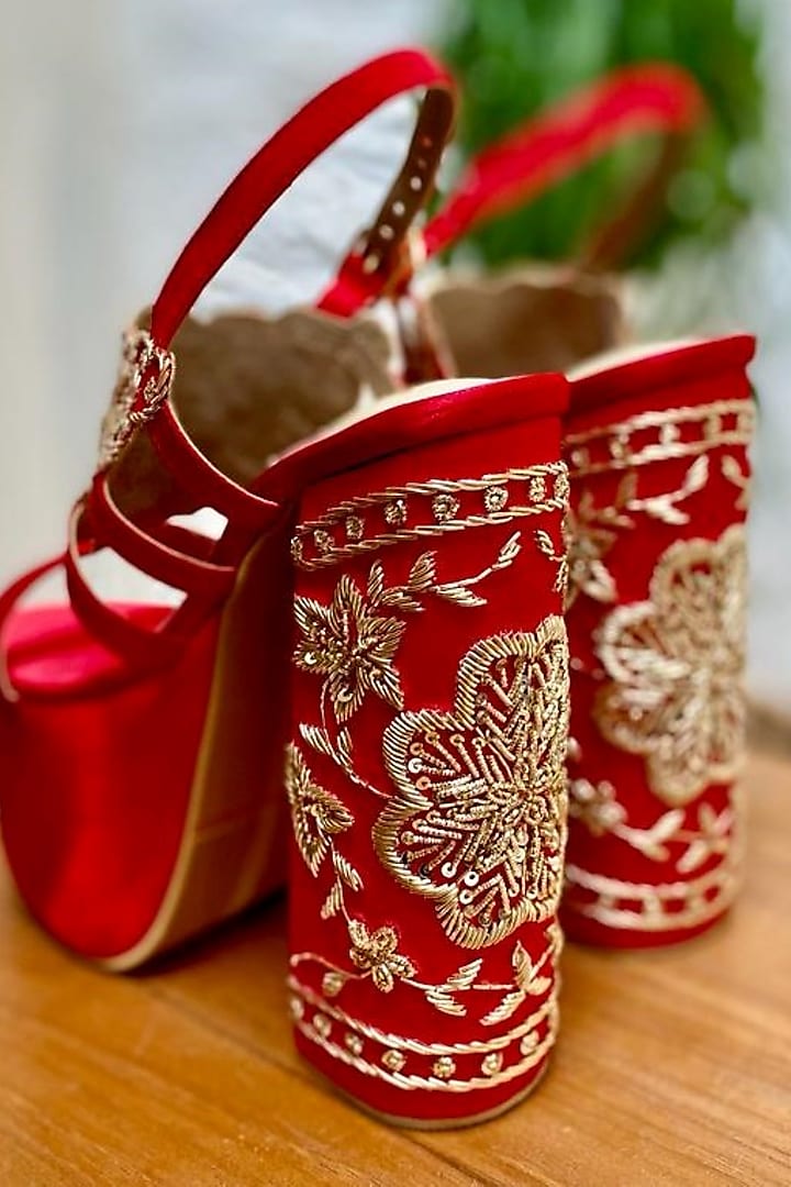 Red Satin Hand Embroidered Heels by TIESTA at Pernia's Pop Up Shop