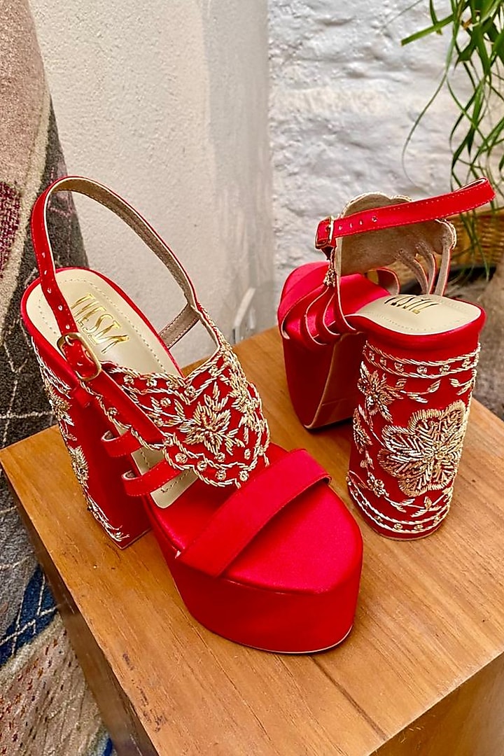 Red Satin Hand Embroidered Heels by TIESTA at Pernia's Pop Up Shop