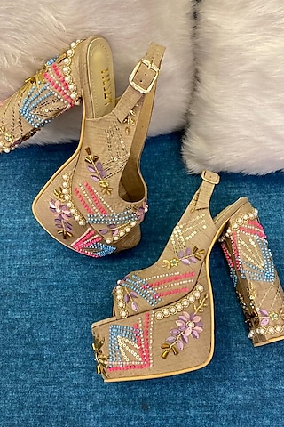 Grey Faux Leather Embroidered Heels by TIESTA