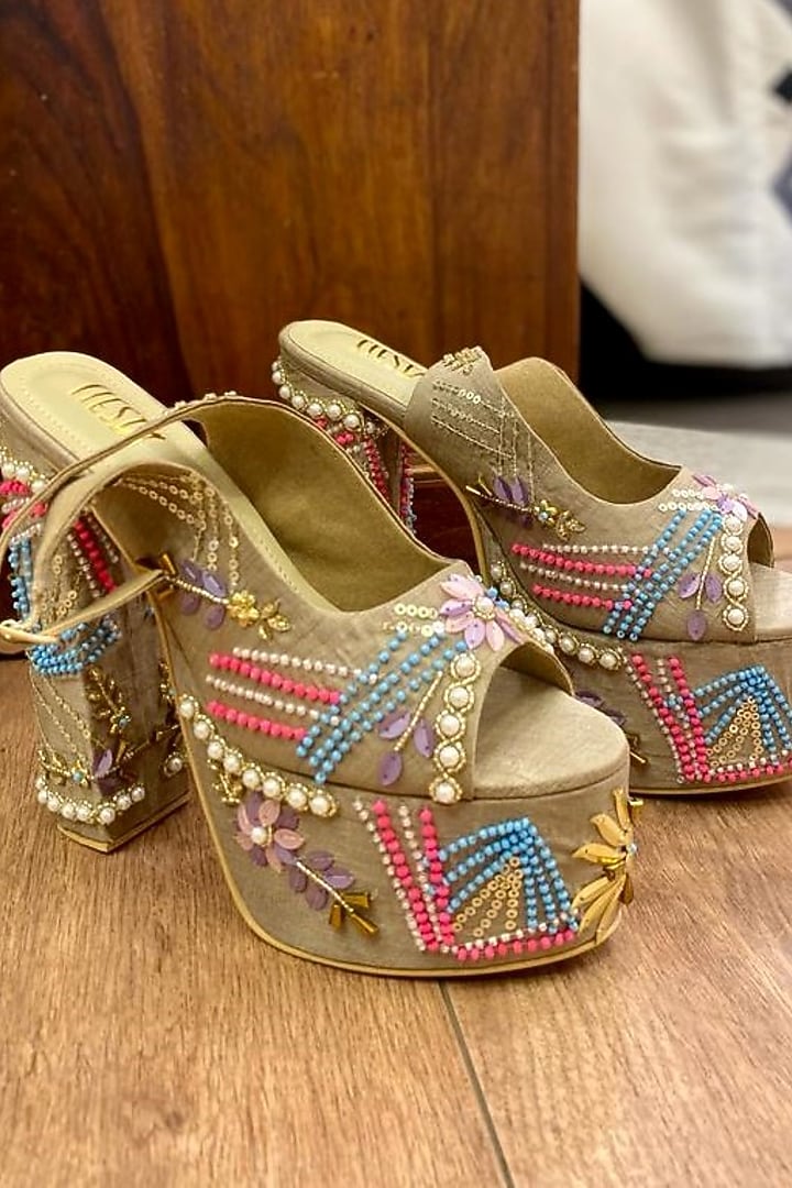 Grey Faux Leather Embroidered Heels by TIESTA at Pernia's Pop Up Shop