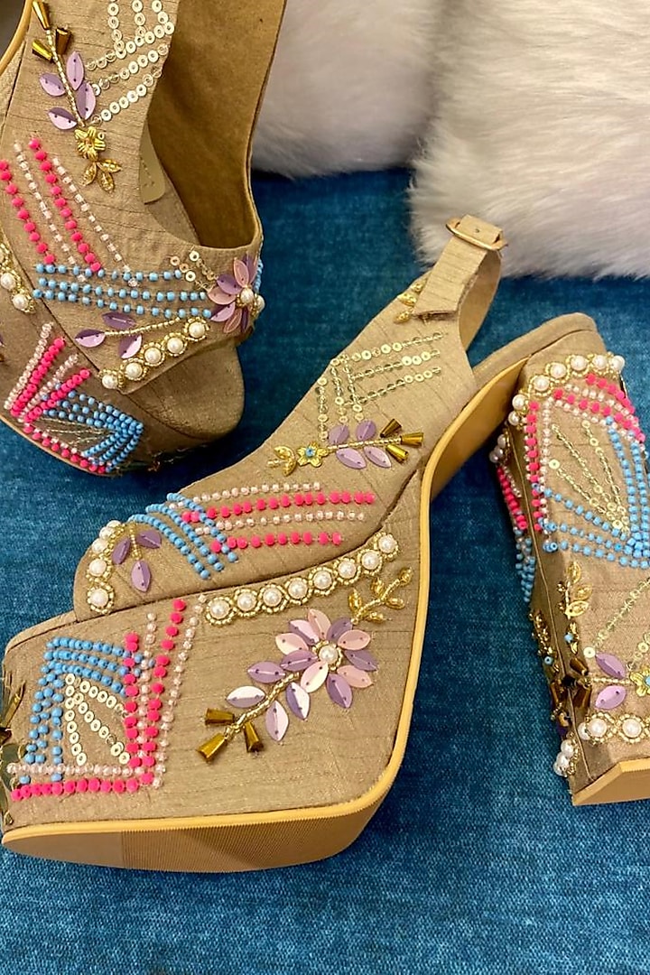 Grey Faux Leather Embroidered Heels by TIESTA at Pernia's Pop Up Shop