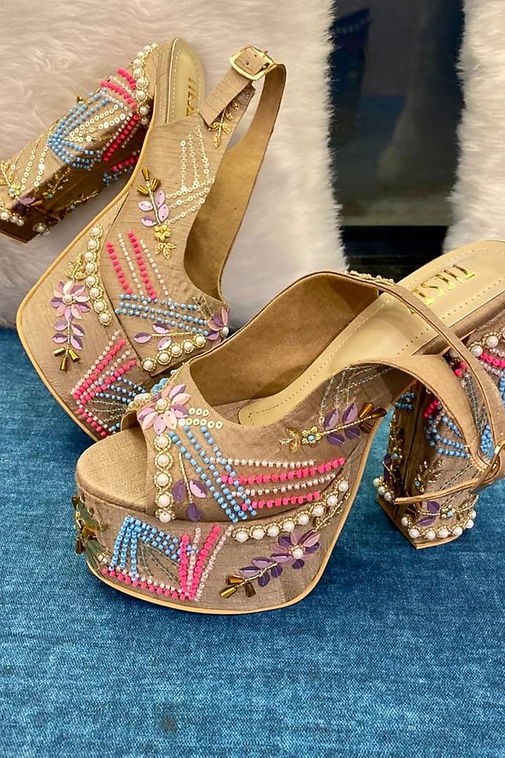 Grey Faux Leather Embroidered Heels by TIESTA at Pernia's Pop Up Shop