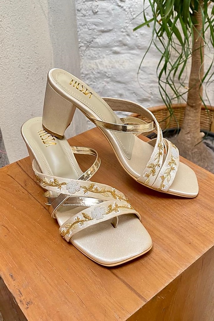 Nude Faux Leather Embroidered Heels by TIESTA at Pernia's Pop Up Shop