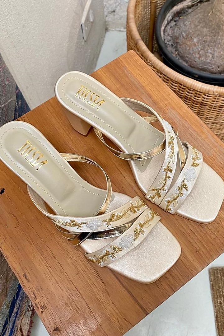 Nude Faux Leather Embroidered Heels by TIESTA at Pernia's Pop Up Shop