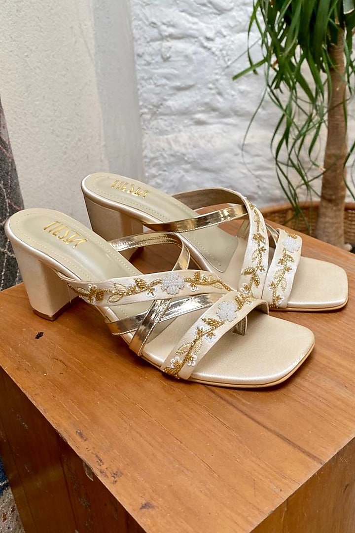 Nude Faux Leather Embroidered Heels by TIESTA at Pernia's Pop Up Shop