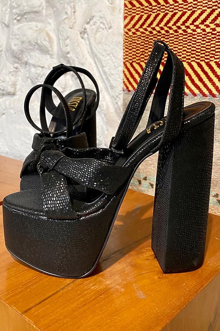 Black Faux Leather Block Heels by TIESTA at Pernia's Pop Up Shop