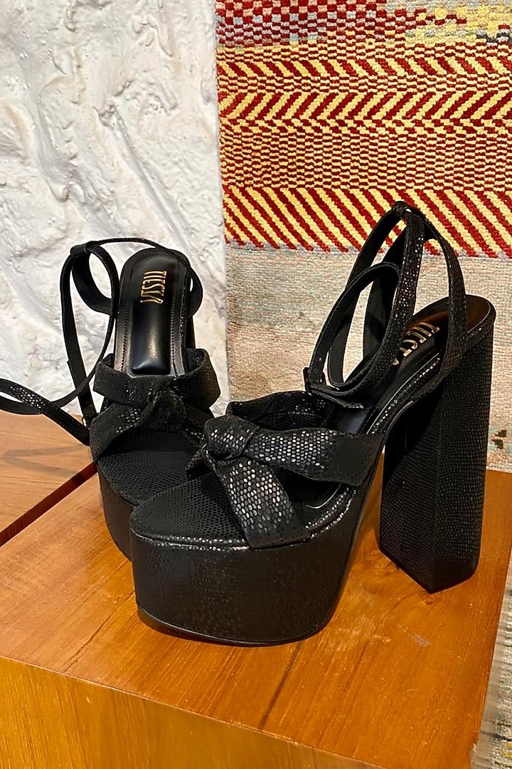 Black Faux Leather Block Heels by TIESTA at Pernia's Pop Up Shop