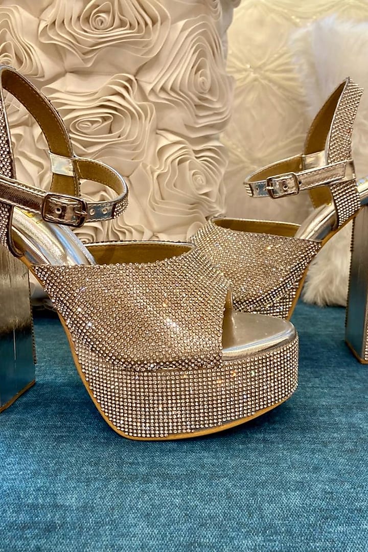 Silver Faux Leather Block Heels by TIESTA at Pernia's Pop Up Shop
