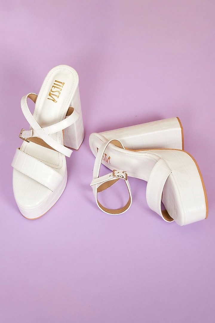 White Faux Leather Heels by TIESTA at Pernia's Pop Up Shop