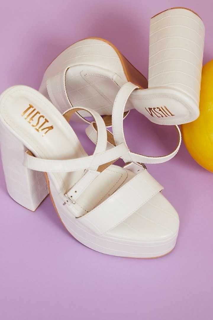 White Faux Leather Heels by TIESTA at Pernia's Pop Up Shop