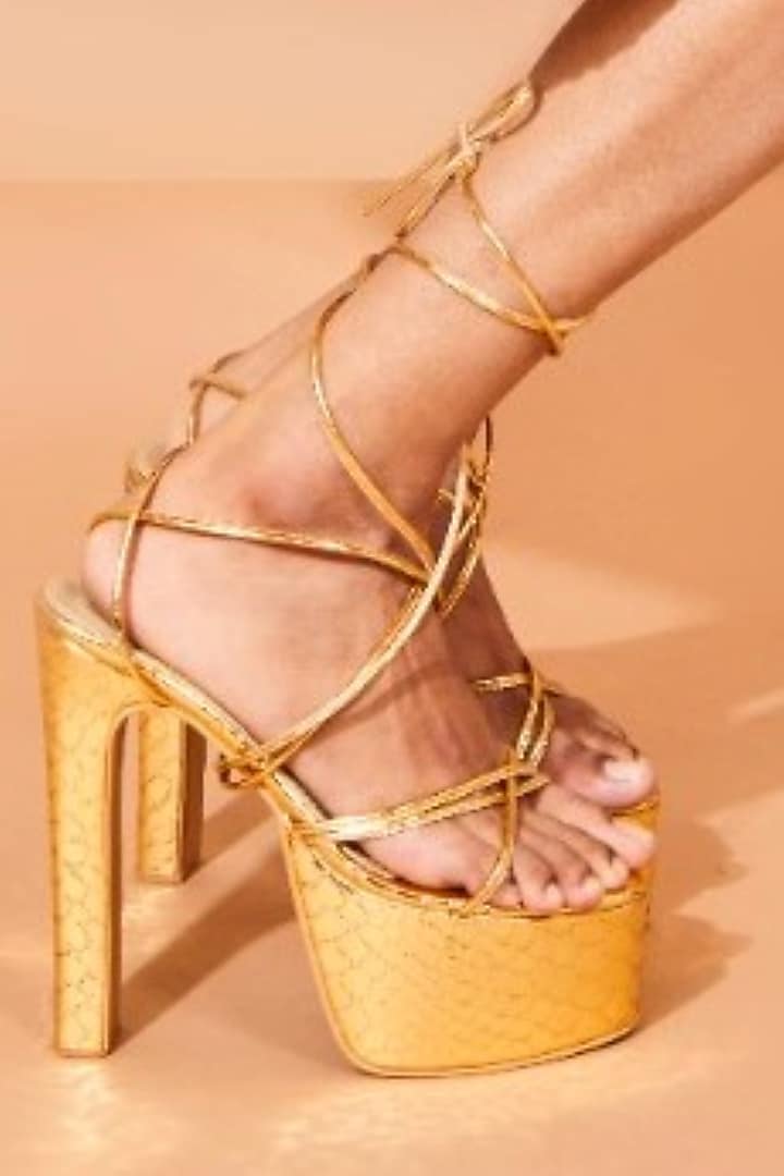 Golden Faux Leather Heels by TIESTA at Pernia's Pop Up Shop