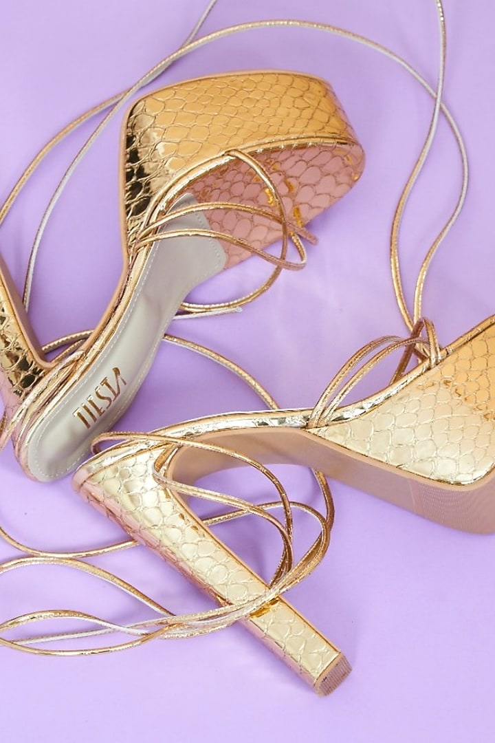Golden Faux Leather Heels by TIESTA at Pernia's Pop Up Shop