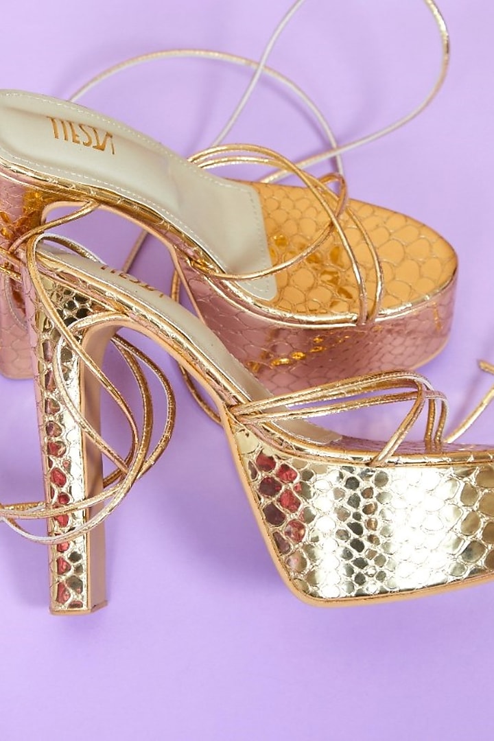 Golden Faux Leather Heels by TIESTA at Pernia's Pop Up Shop