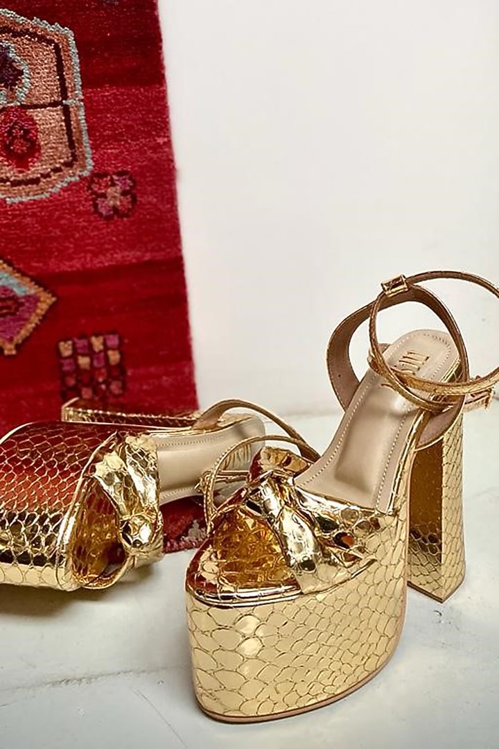 Golden Faux Leather Block Heels by TIESTA at Pernia's Pop Up Shop