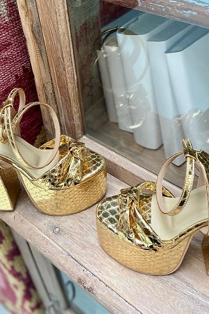 Golden Faux Leather Block Heels by TIESTA at Pernia's Pop Up Shop