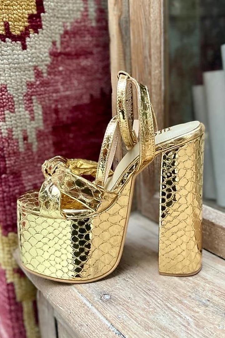 Golden Faux Leather Block Heels by TIESTA at Pernia's Pop Up Shop