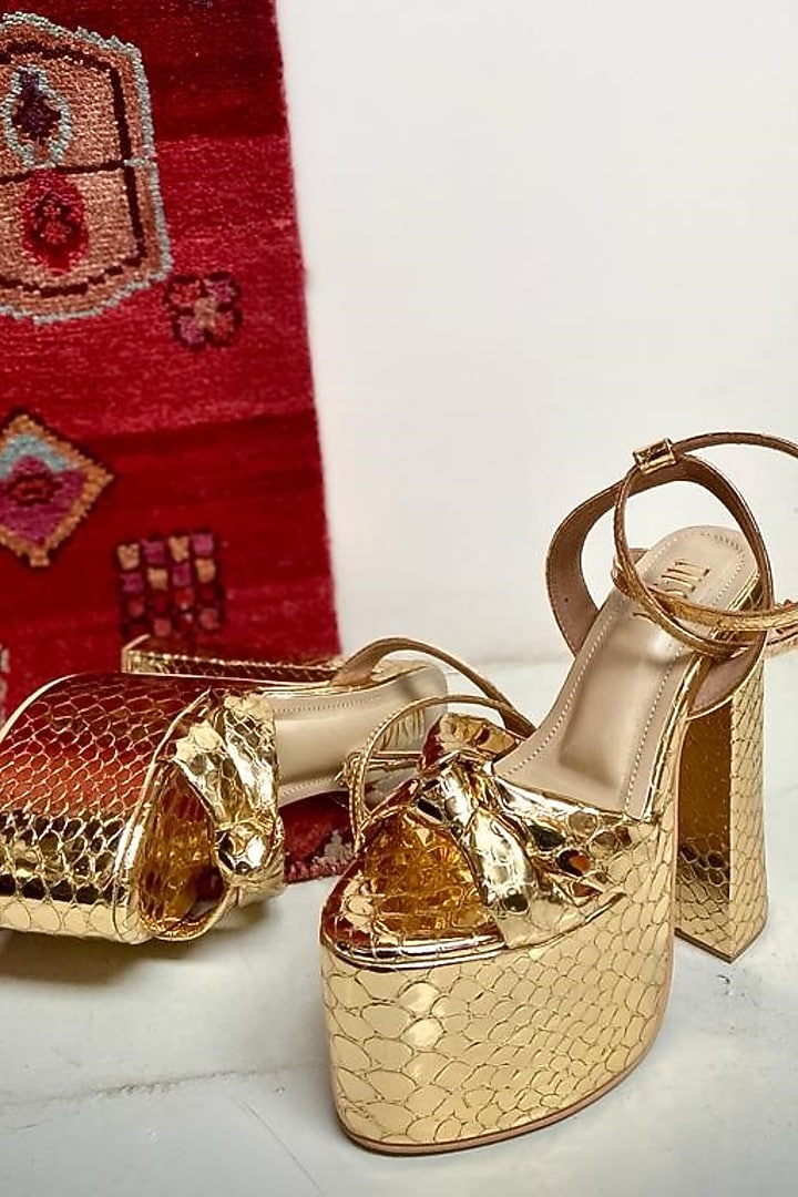 Golden Faux Leather Block Heels by TIESTA at Pernia's Pop Up Shop