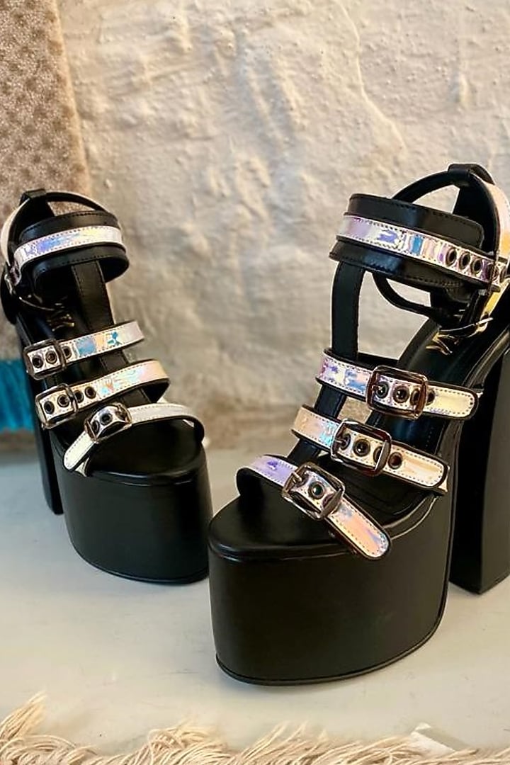 Black Faux Leather Block Heels by TIESTA at Pernia's Pop Up Shop