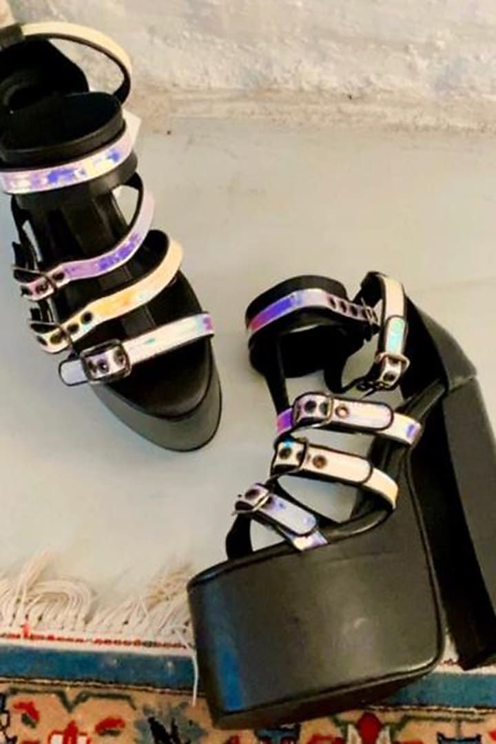 Black Faux Leather Block Heels by TIESTA at Pernia's Pop Up Shop