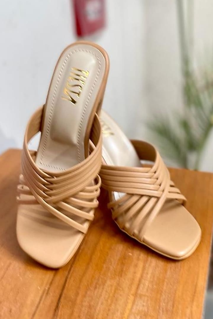 Beige Faux Leather Block Heels by TIESTA at Pernia's Pop Up Shop