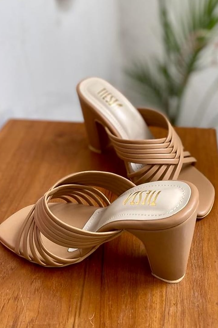 Beige Faux Leather Block Heels by TIESTA at Pernia's Pop Up Shop